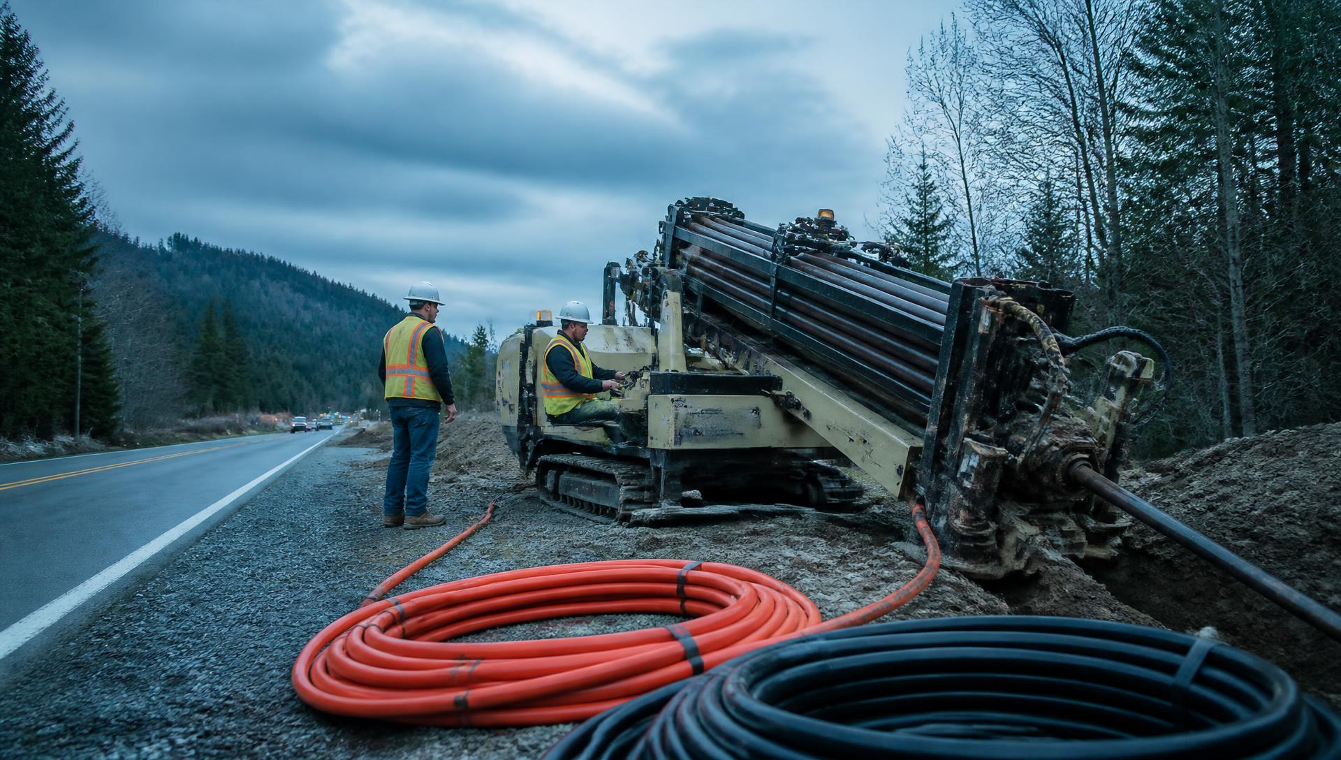 Directional drilling crew installing fiber optic conduit along a rural highway at sunset